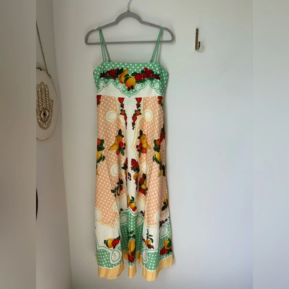 Caroline Constas peach green fruit Polka Dot linen blend Maxi Dress - Picture 2 of 7